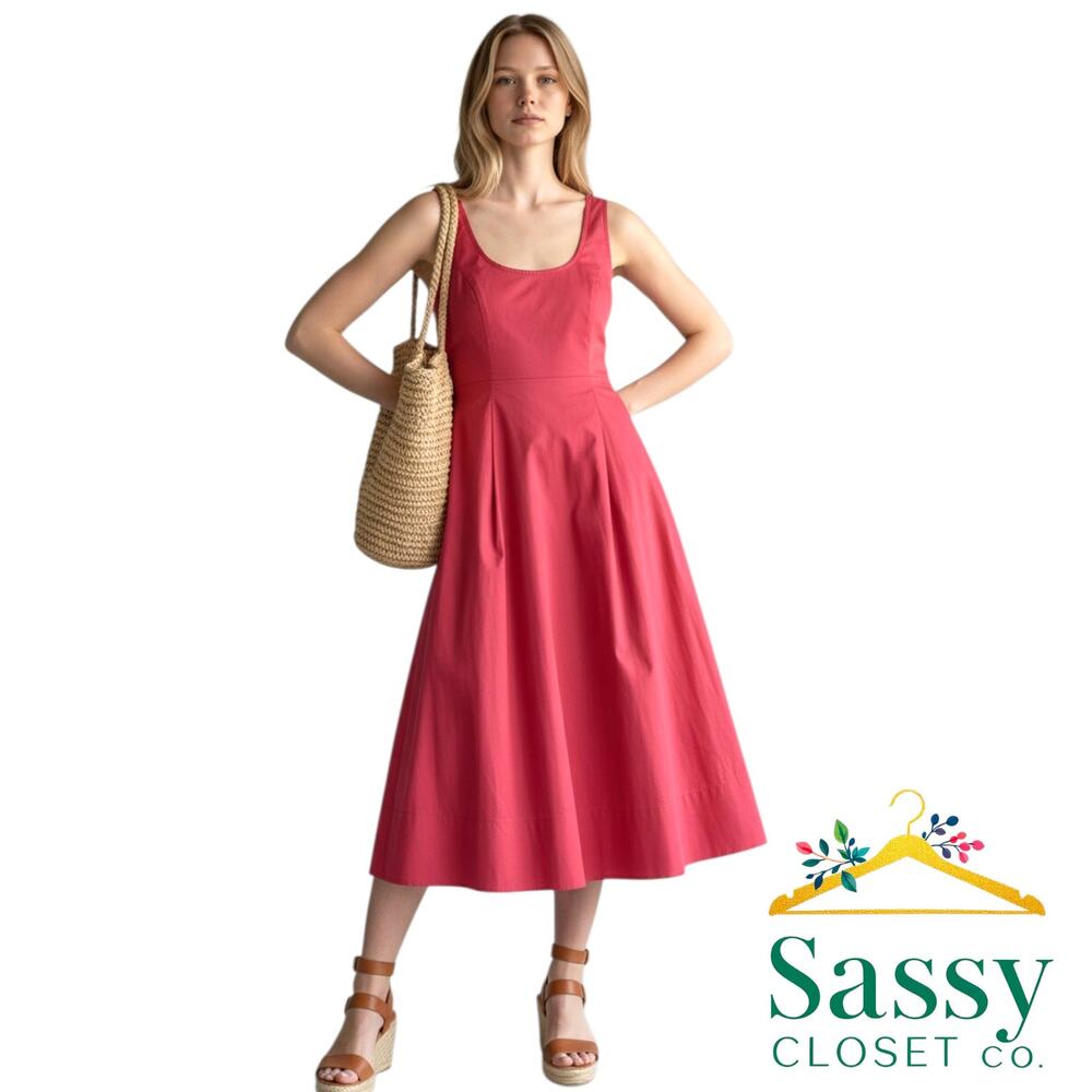TALBOTS Pink Cotton Fit Flare Midi Dress 12 Sleeveless Pockets A-Line EUC